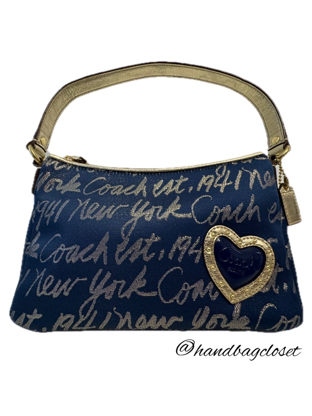 Coach Y2K Poppy Signature Script Navy Gold Story Patch Bag F45679 NWT
